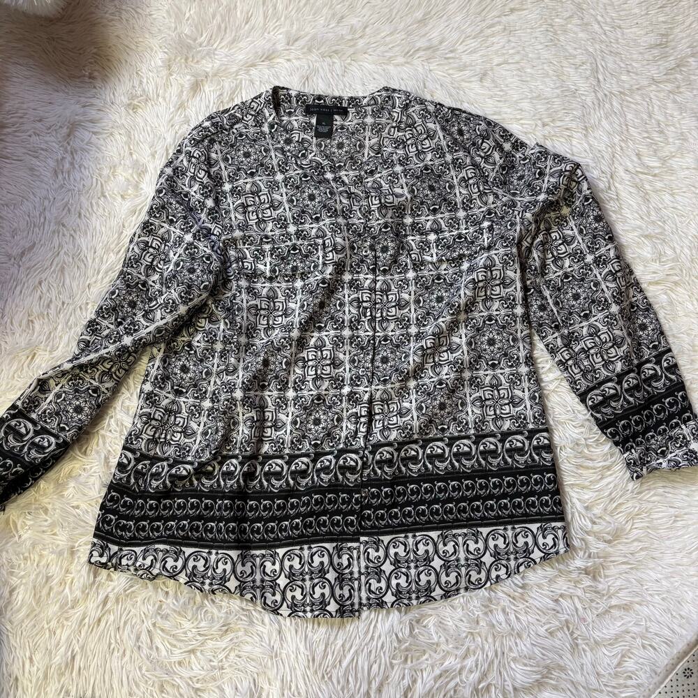 Joan Voss button up blouse womens XL black white print